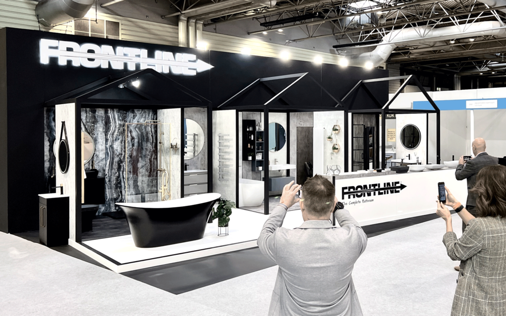 Frontline exhibition stand showcasing contemporary bathroom design, fixtures, and luxury bath products
